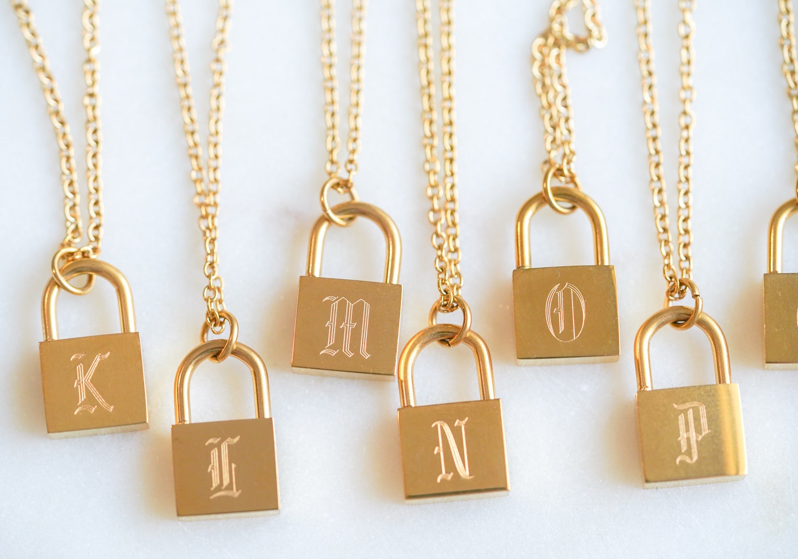 Gold Brass Metal Monogram Lock Pendant Necklace - P