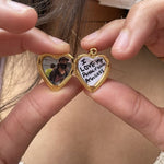Gold heart locket necklace, locket of the heart necklace open with picture and writing inside